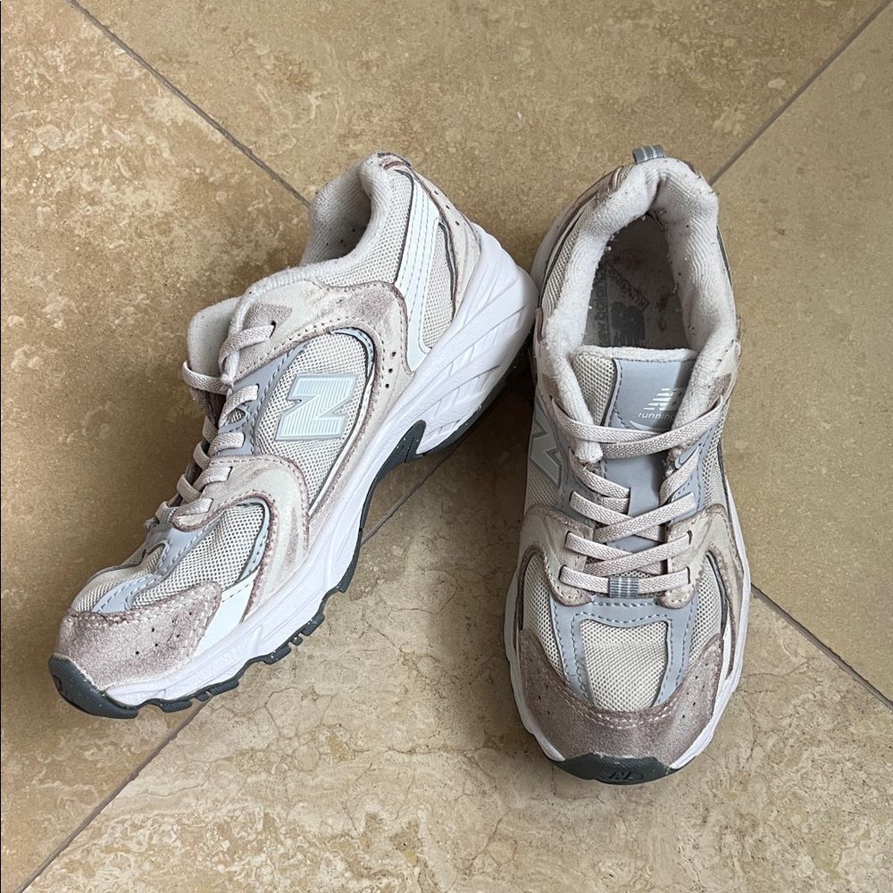 Kids New Balance Cream and Gray Athletic Shoes